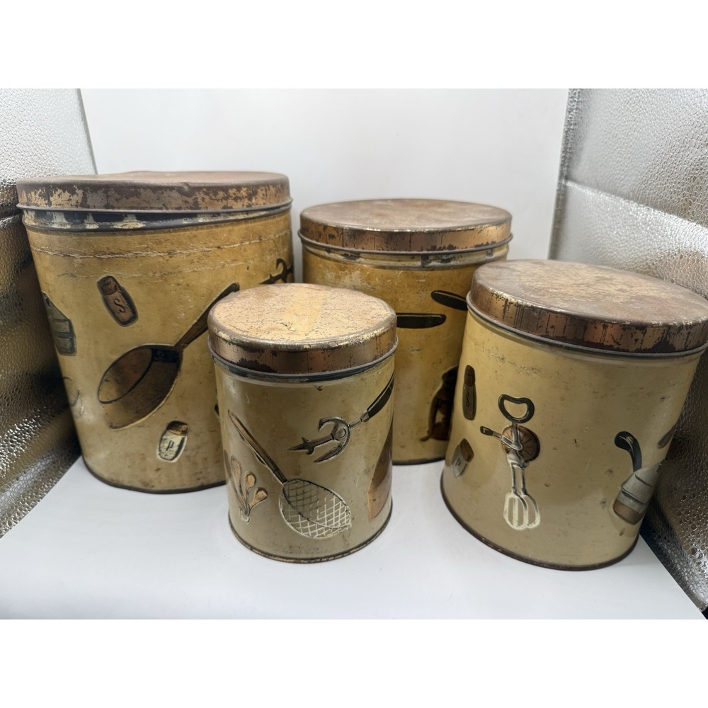 Vintage  MWeibro 4Pc Canister Set Kitchen MCM metal 1950's Rusty Crusty & Fab - Picture 2 of 7